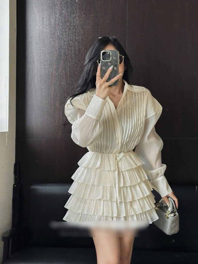 Set sơ mi voan xếp ly x chân váy nhiều tầng