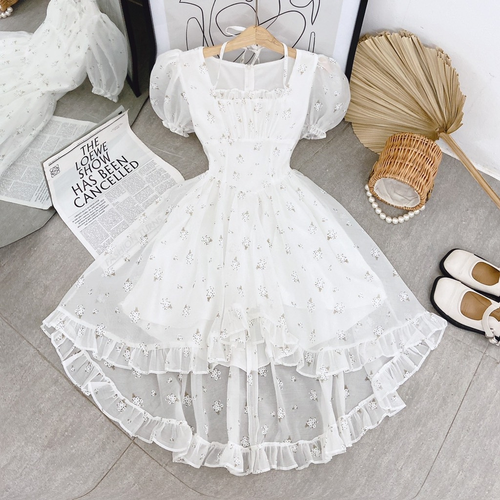 Đầm hoa cổ vuông dây chéo