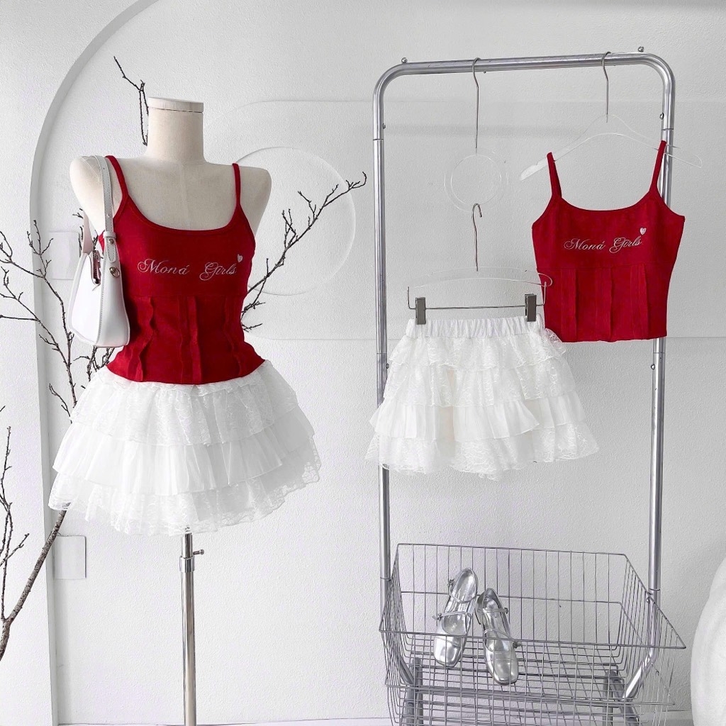 Set áo 2 dây đỏ thêu chân váy phối ren 4 tầng