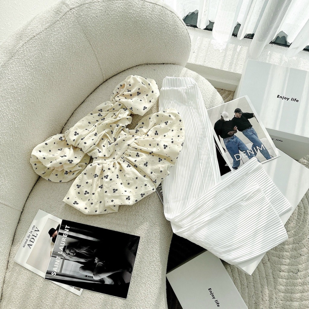 Set áo babydoll hoa trễ vai