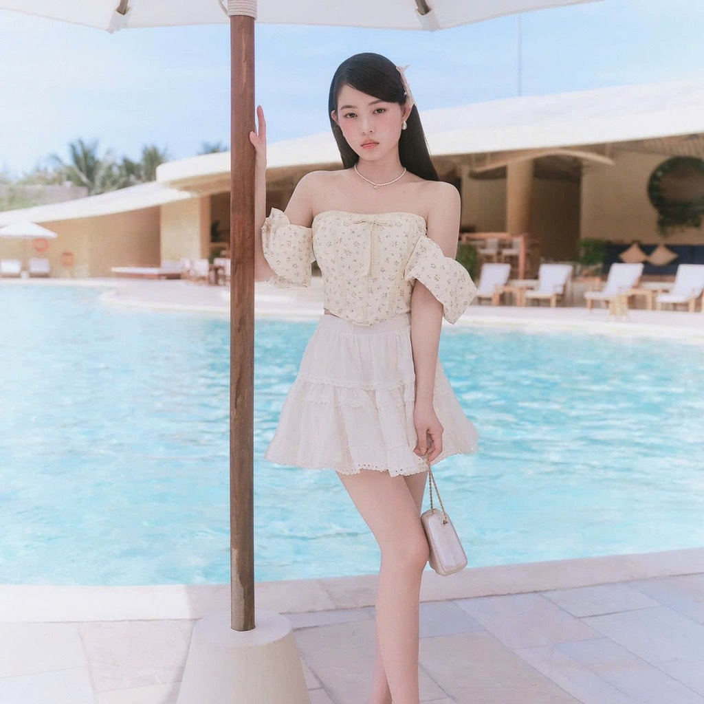 Set áo hoa nhí cúp ngực chân váy viền ren