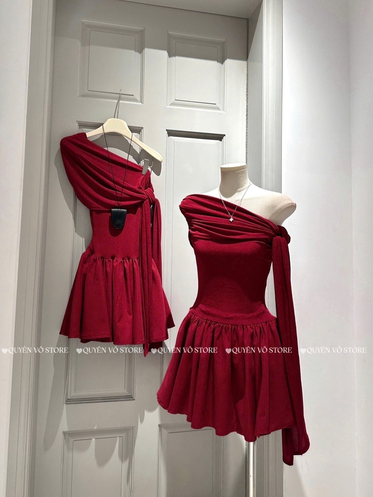 Đầm nhún lệch vai cột nơ - Đỏ