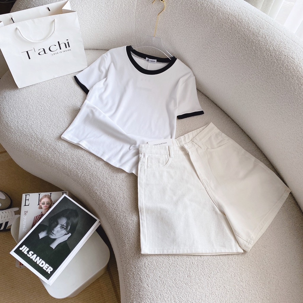 Set pull trắng viền đen x short kaki