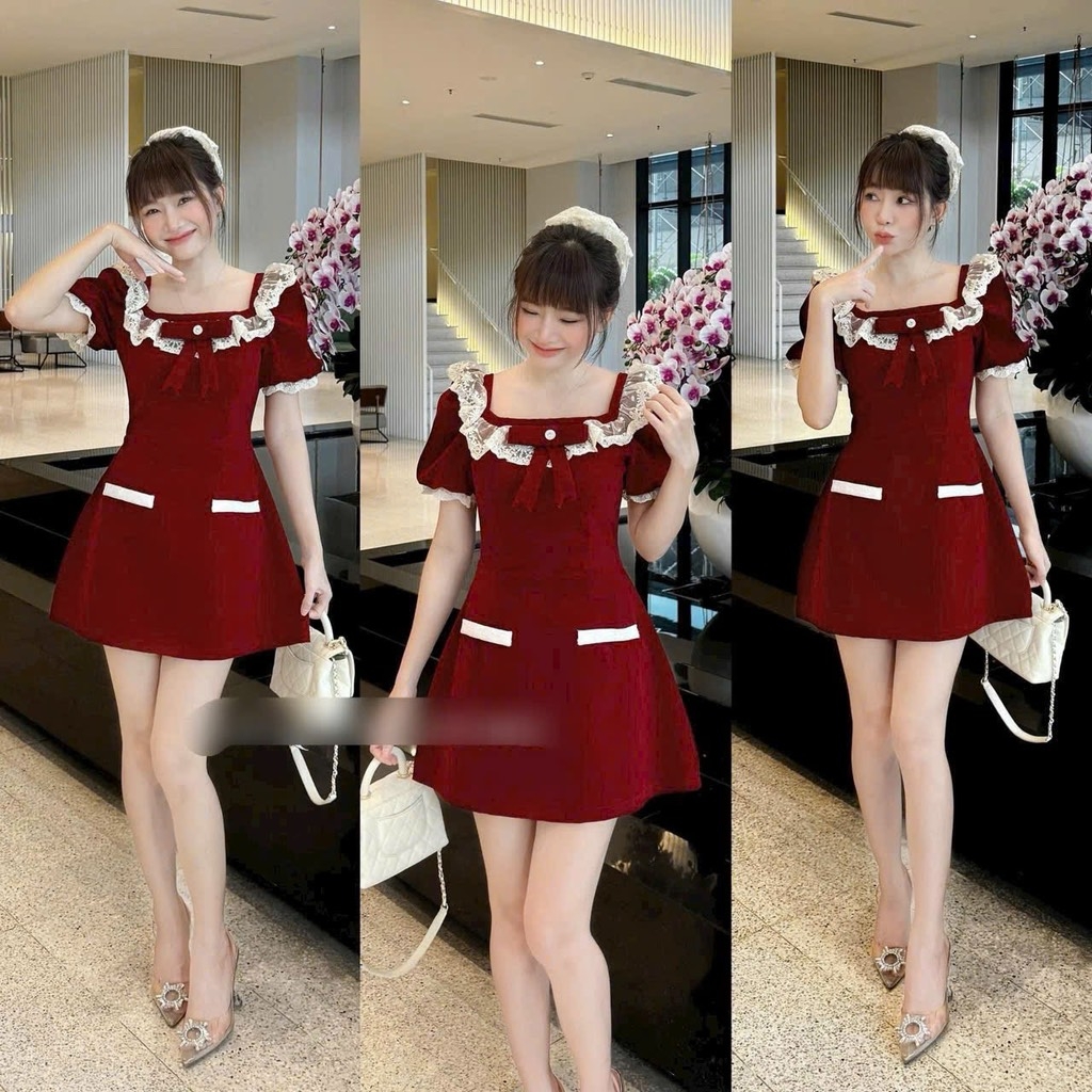 Đầm đỏ nhung cổ vuông viền ren