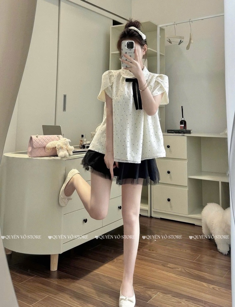 Set áo chấm bi chân váy lưới - 553
