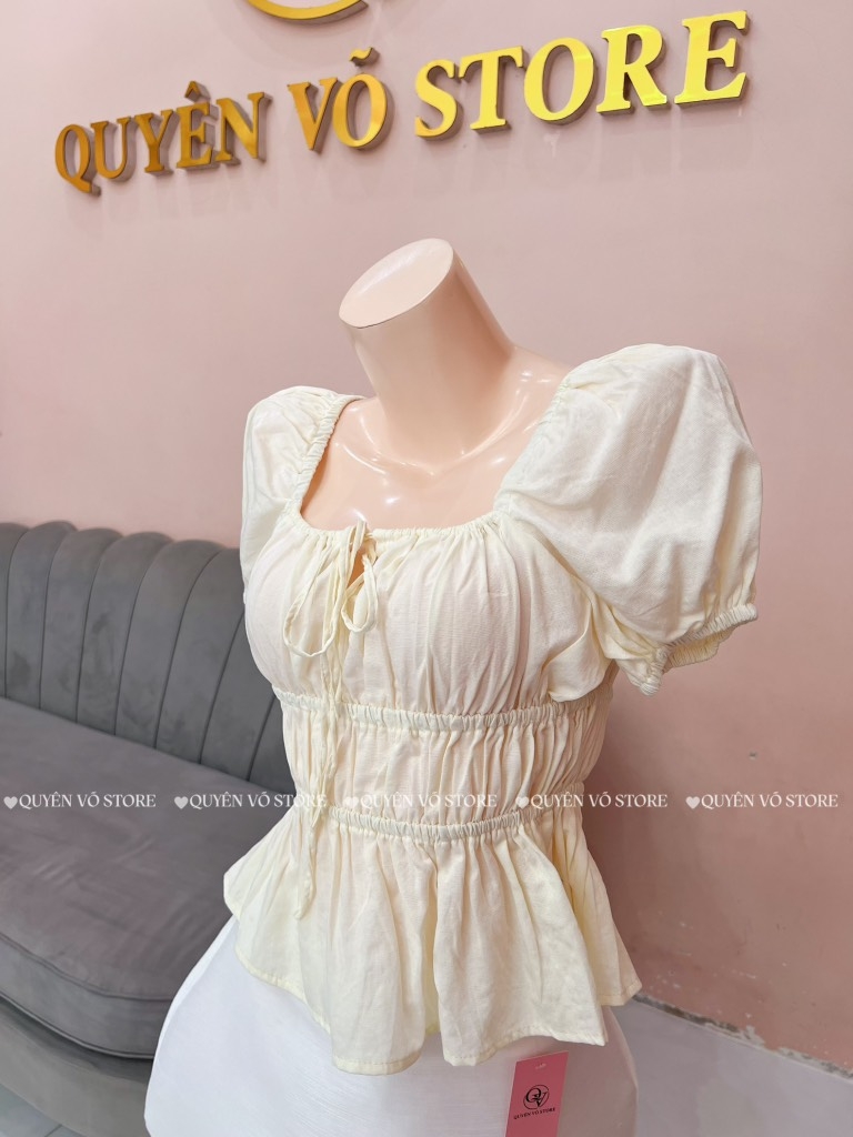 Áo nhún cổ vuông - Kem