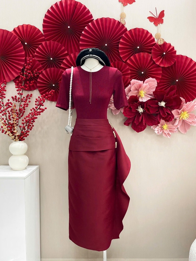 Set áo thun chân váy dài ôm body tag cài eo