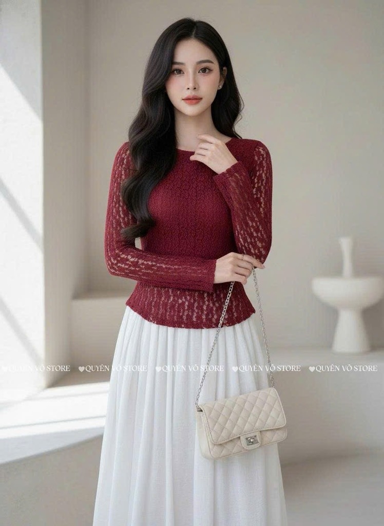 Áo ren ôm body cổ tròn tay dài - Đỏ 1505