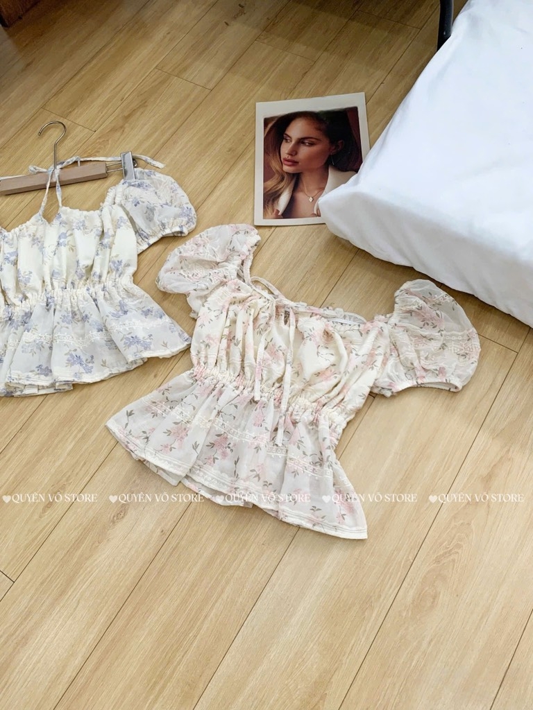 Áo nhún cổ vuông - Hoa hồng