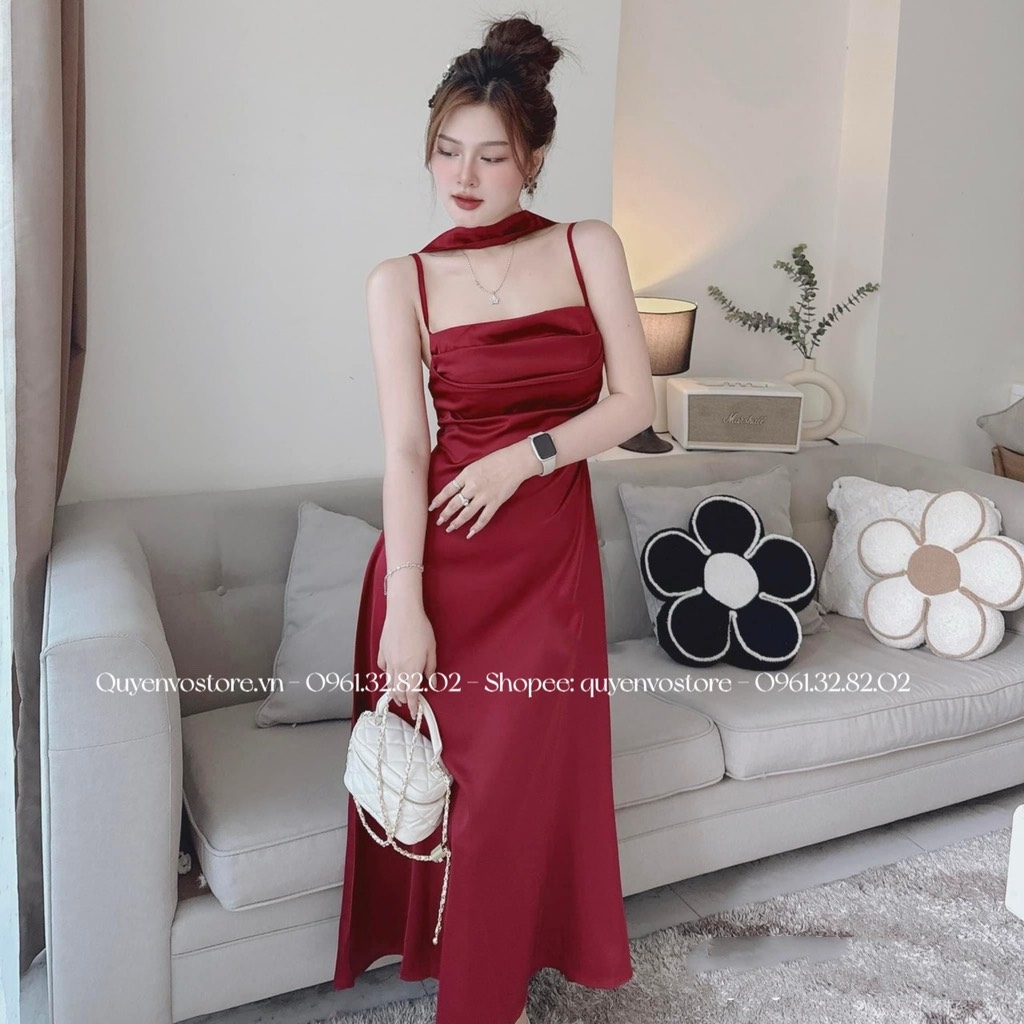 Đầm lụa 2 dây đáp cổ li ngực