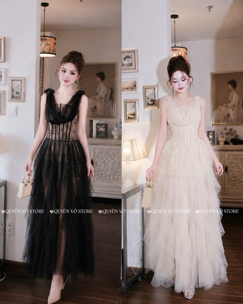 Đầm ren chân váy lưới sang chảnh - Đen