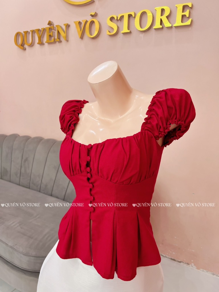 Áo ôm babydoll nút bọc - TRƠN ĐỎ