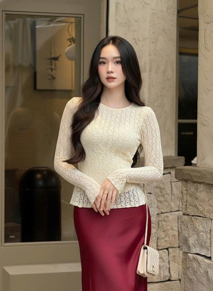 Áo ren ôm body cổ tròn tay dài - Kem 1505