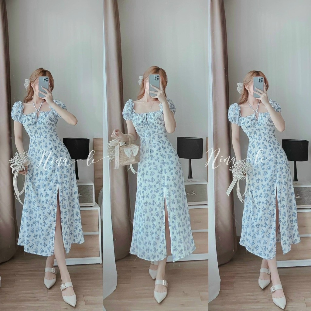 Đầm maxi hoa xanh midi nhíu ngực
