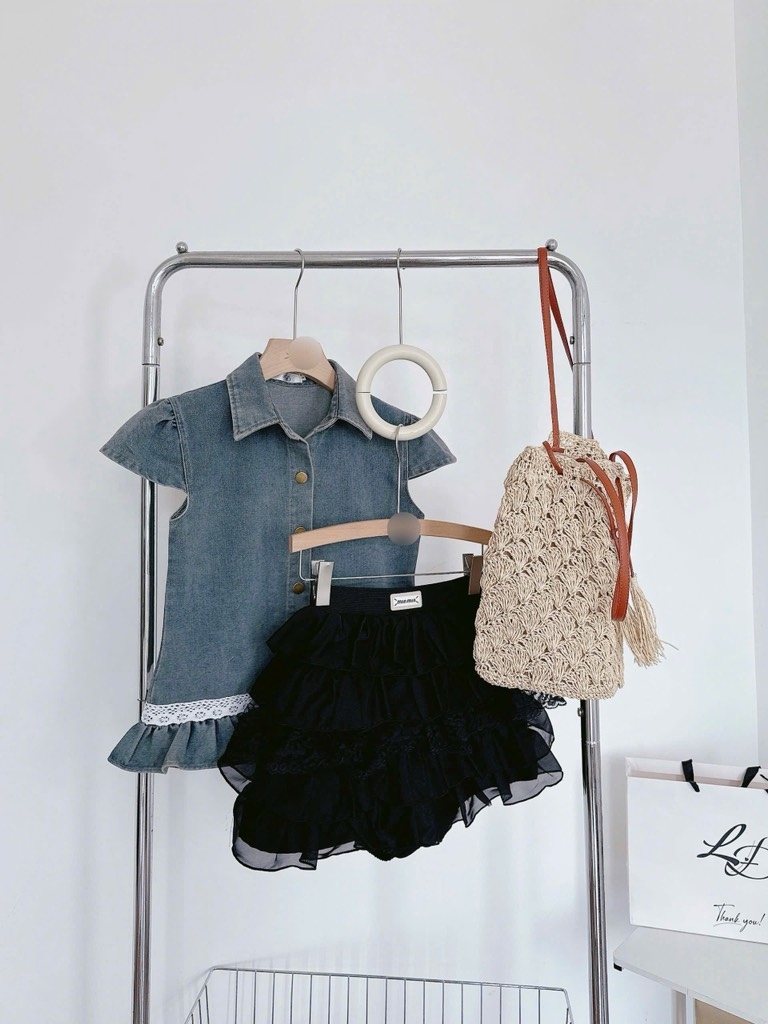 Set áo jean lai bèo chân váy tầng