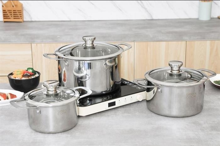Bộ 3 nồi inox 3 lớp nguyên khối nắp kính GreenCook GCS256-T1 (1tx4)