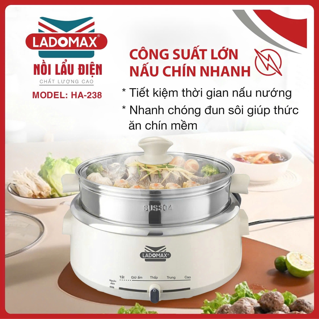 Lẩu điện lòng rời inox 4L có xững hấp Ladomax Ha-236 (1tx1)