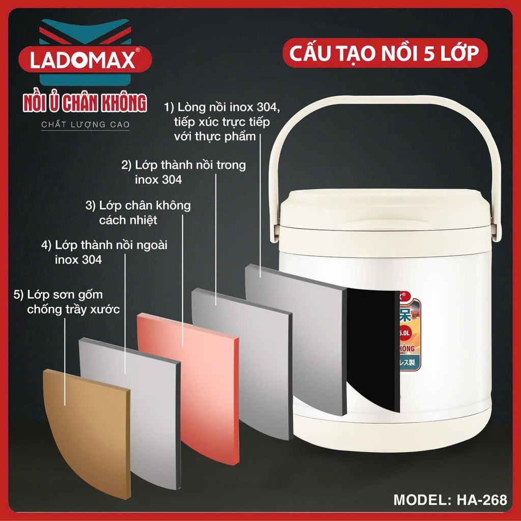 Nồi ủ chân không 5L Ladomax Ha-268, Inox 304