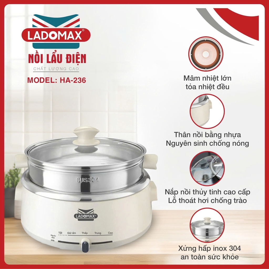 Lẩu điện lòng rời inox 4L có xững hấp Ladomax Ha-236 (1tx1)