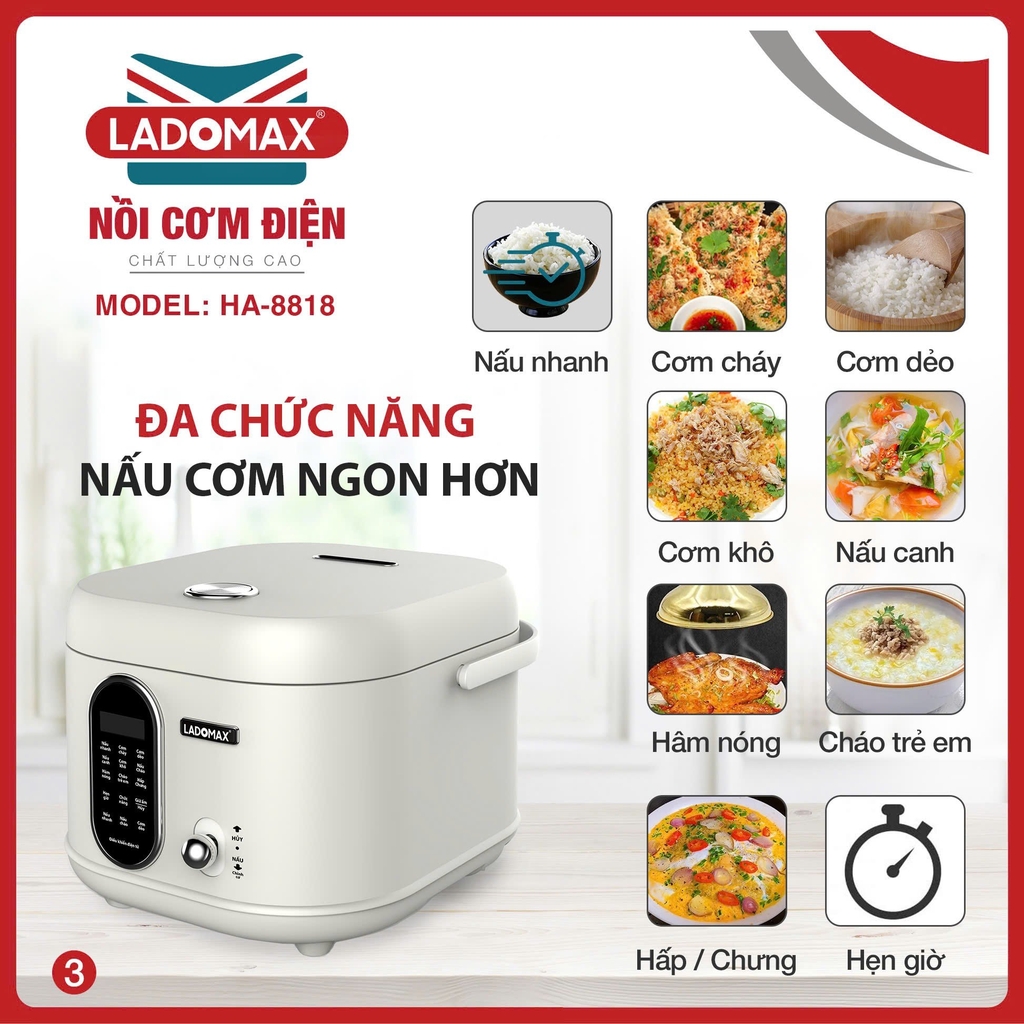 Nồi cơm điện tử 1.8L Ladomax Ha-8818 lòng Inox 3 lớp, chống dính tự thân (1tx4)