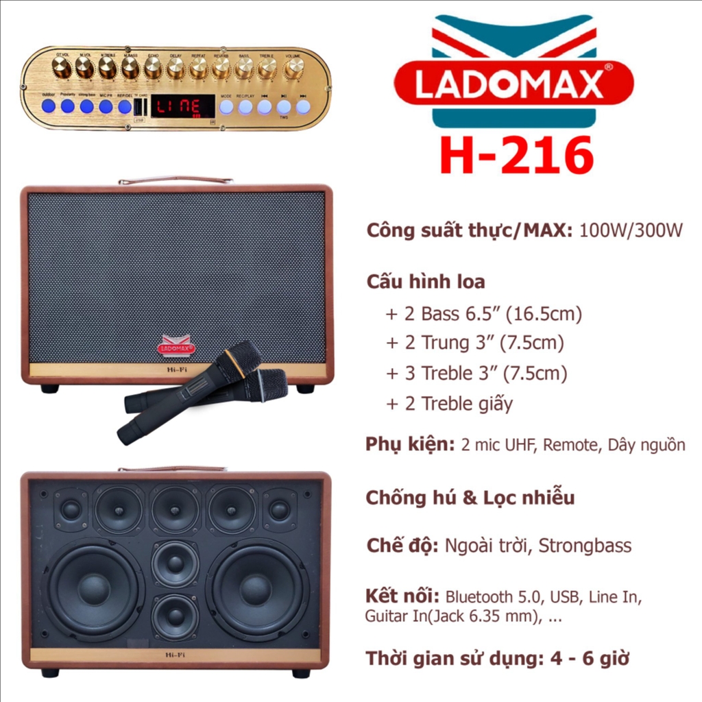 Loa xách bass đôi 16cm Ladomax H-216(DSP)