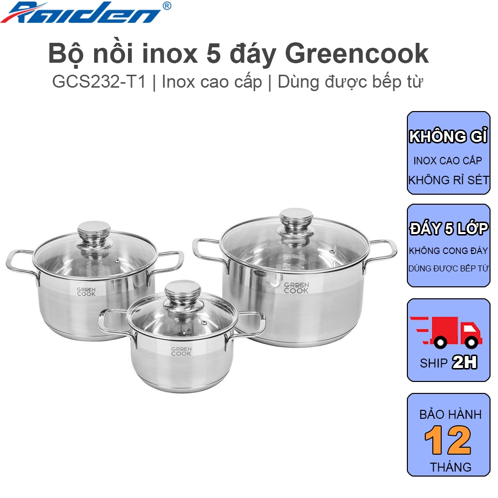 Bộ 3 nồi inox 5 đáy Greencook GCS232-T1 (1tx4)