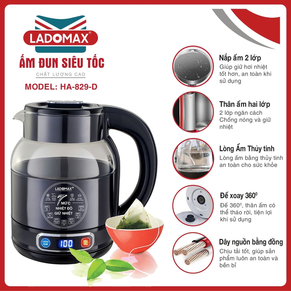 Ấm siêu tốc giữ ấm thủy tinh 2.0L Ladomax Ha-829D, điện tử (1tx12)
