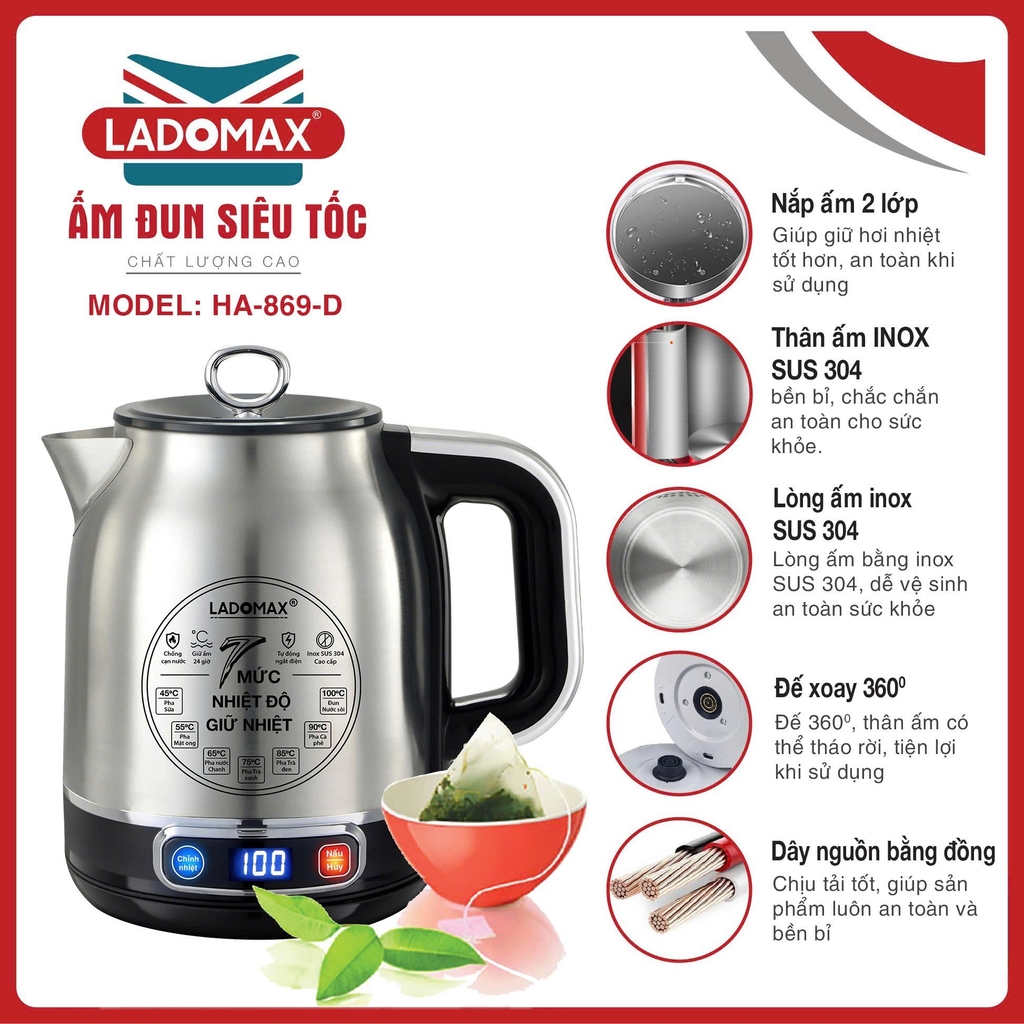 Ấm đun siêu tốc giữ nhiệt 1.8L Inox 304 Ladomax Ha-869D, điện tử (1tx12)