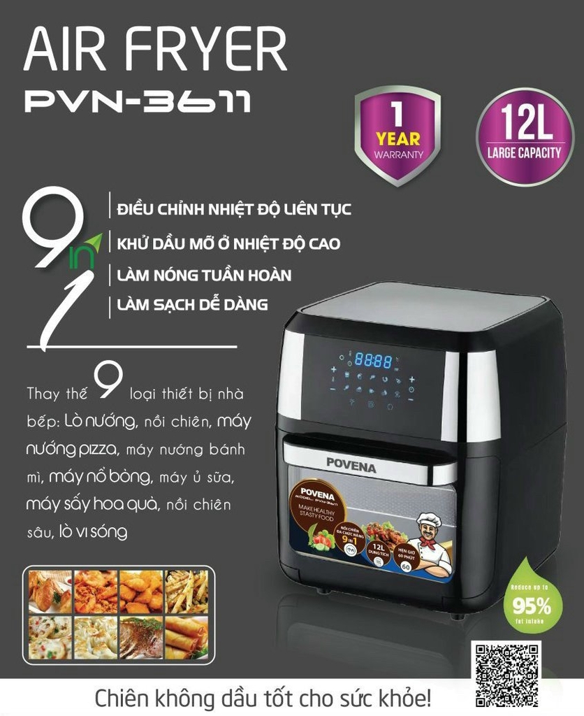 Nồi chiên không dầu 12L Povena PVN-3611 (1tx1)