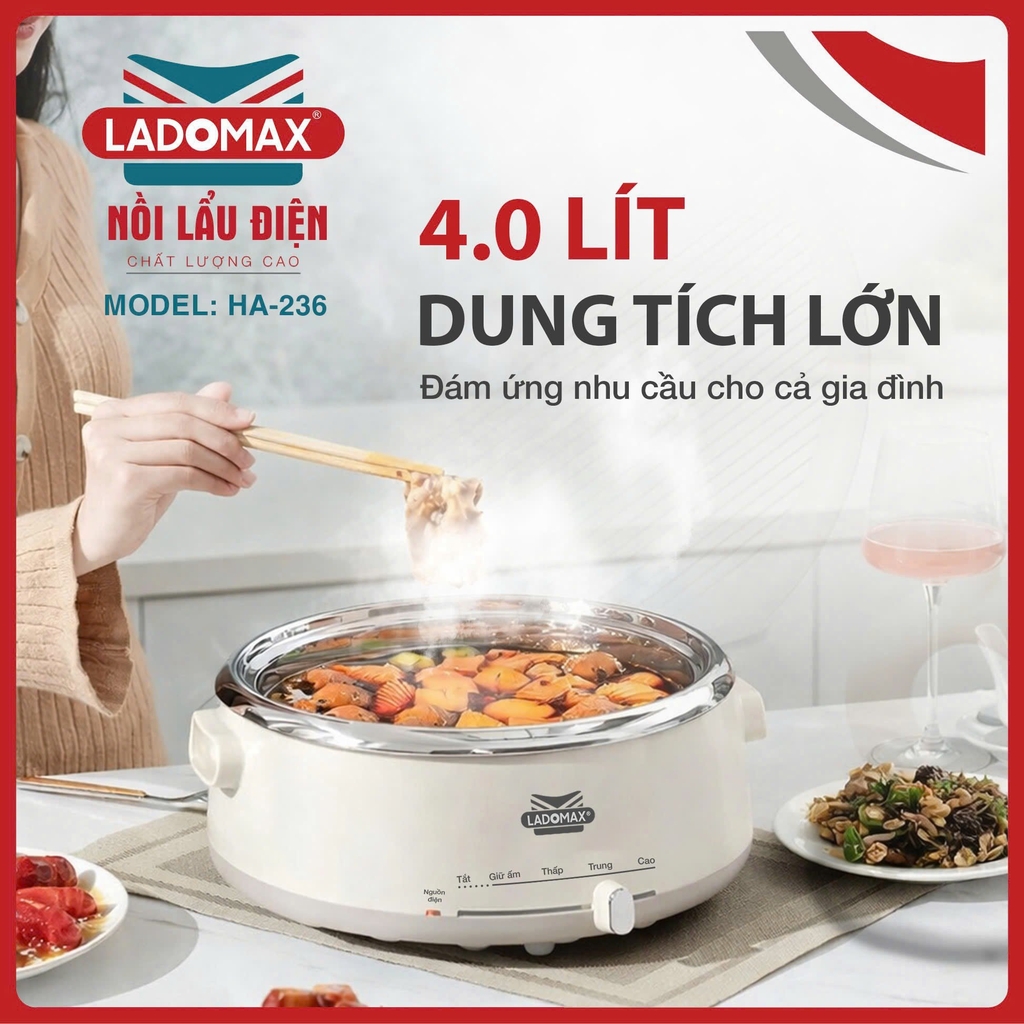 Lẩu điện lòng rời inox 4L có xững hấp Ladomax Ha-236 (1tx1)