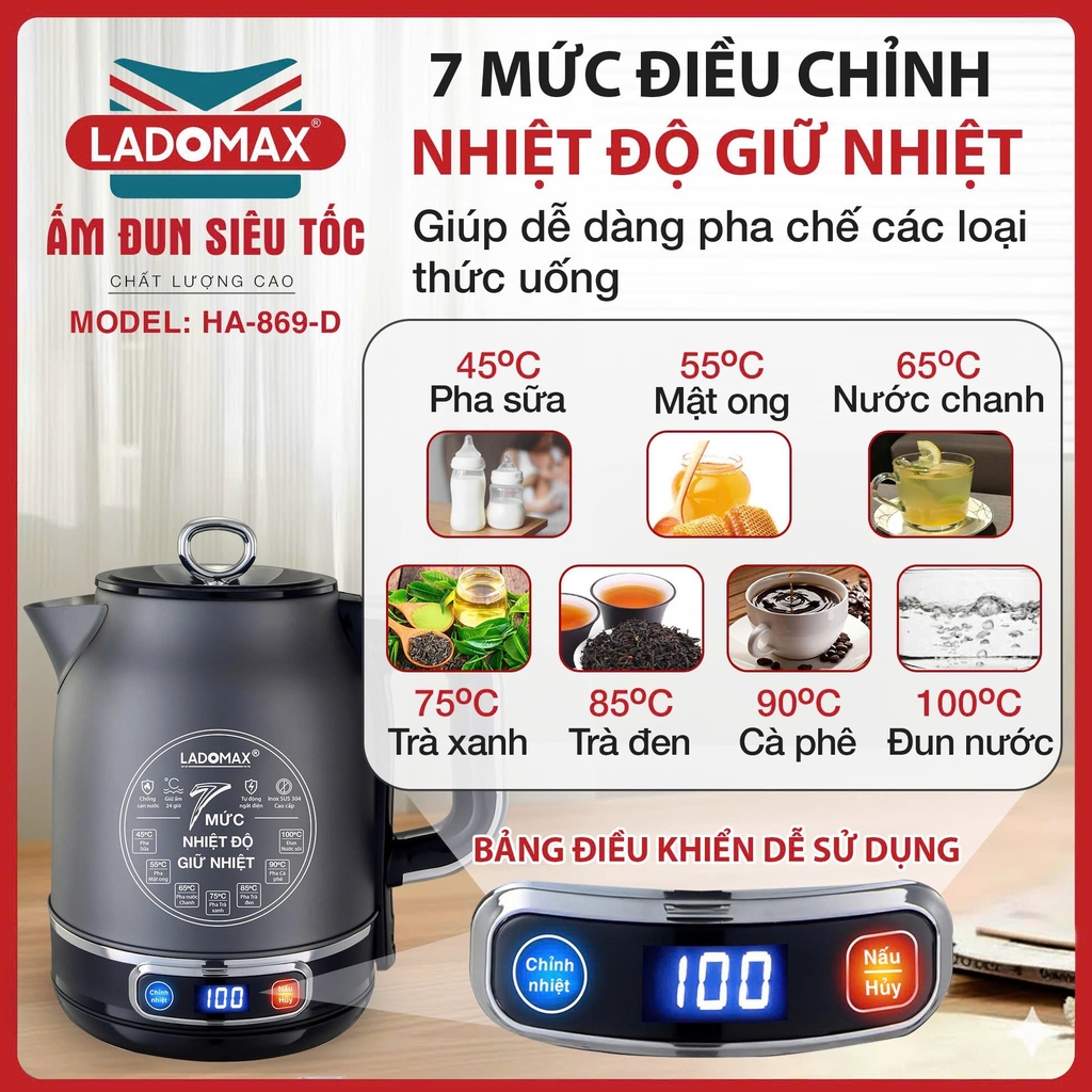Ấm đun siêu tốc giữ nhiệt 1.8L Inox 304 Ladomax Ha-869D, điện tử (1tx12)