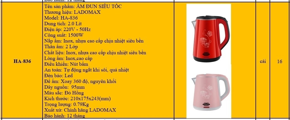 Ấm đun siêu tốc 2.0L Ladomax Ha-836 (1tx16)