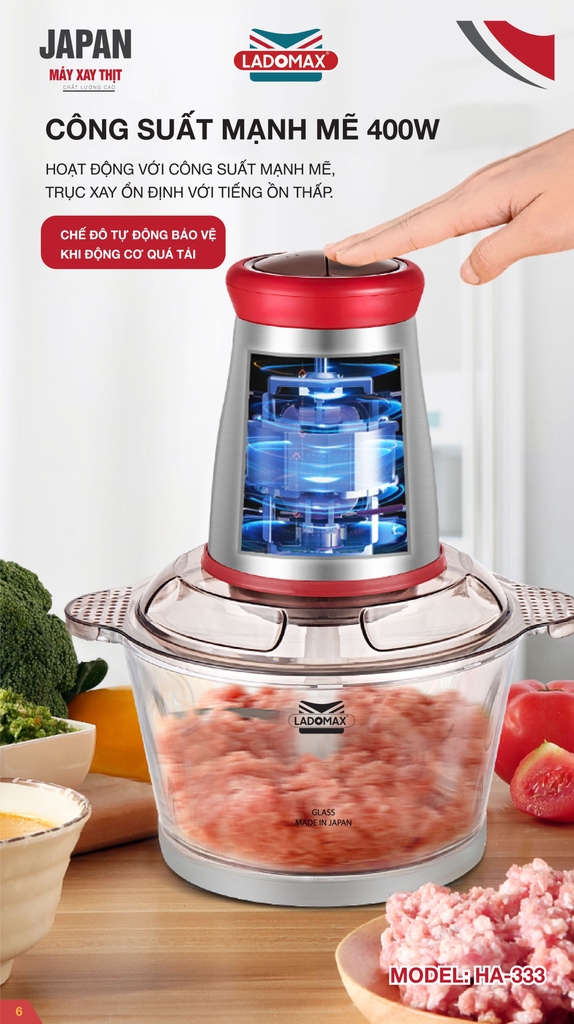 Máy xay thịt cối thủy tinh 2.0L Ladomax Ha-333INOX, 400W, thân máy inox (1tx8)