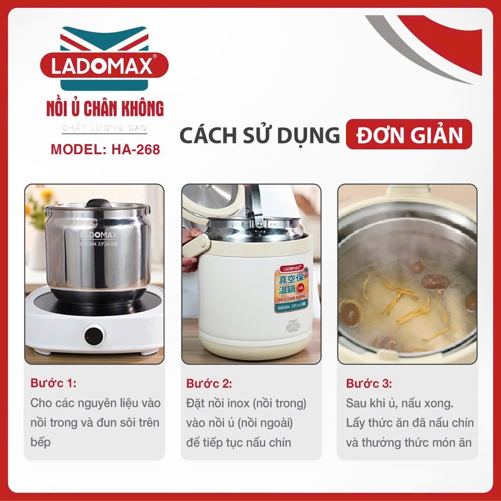 Nồi ủ chân không 5L Ladomax Ha-268, Inox 304