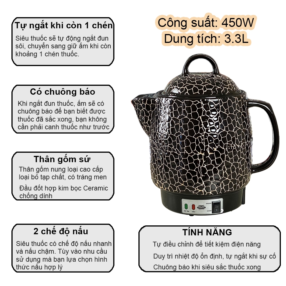 Ấm Sắc Thuốc Điện Ladomax Ha-8833Den Màu Đen, Có Chuông Báo (1tx8)