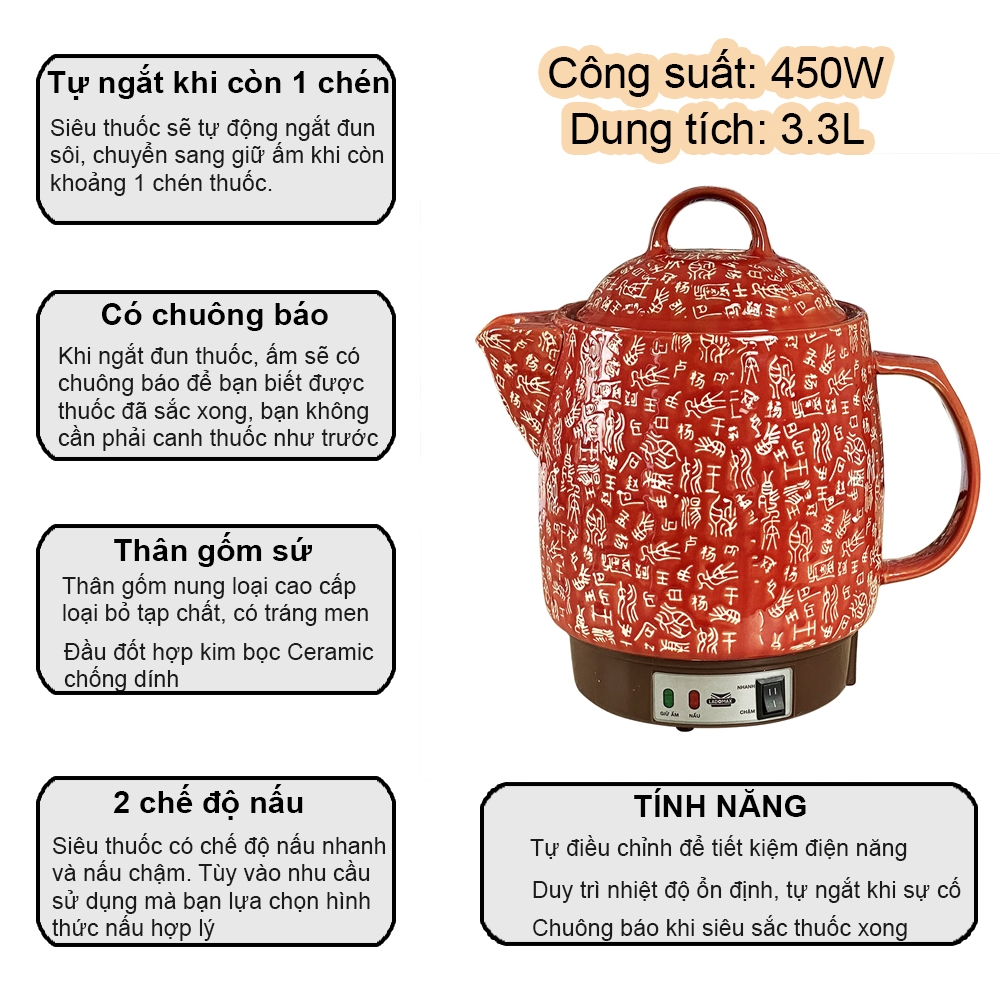 Ấm Sắc Thuốc Điện Ladomax Ha-8833 Màu Đỏ, Có Chuông Báo (1tx8)
