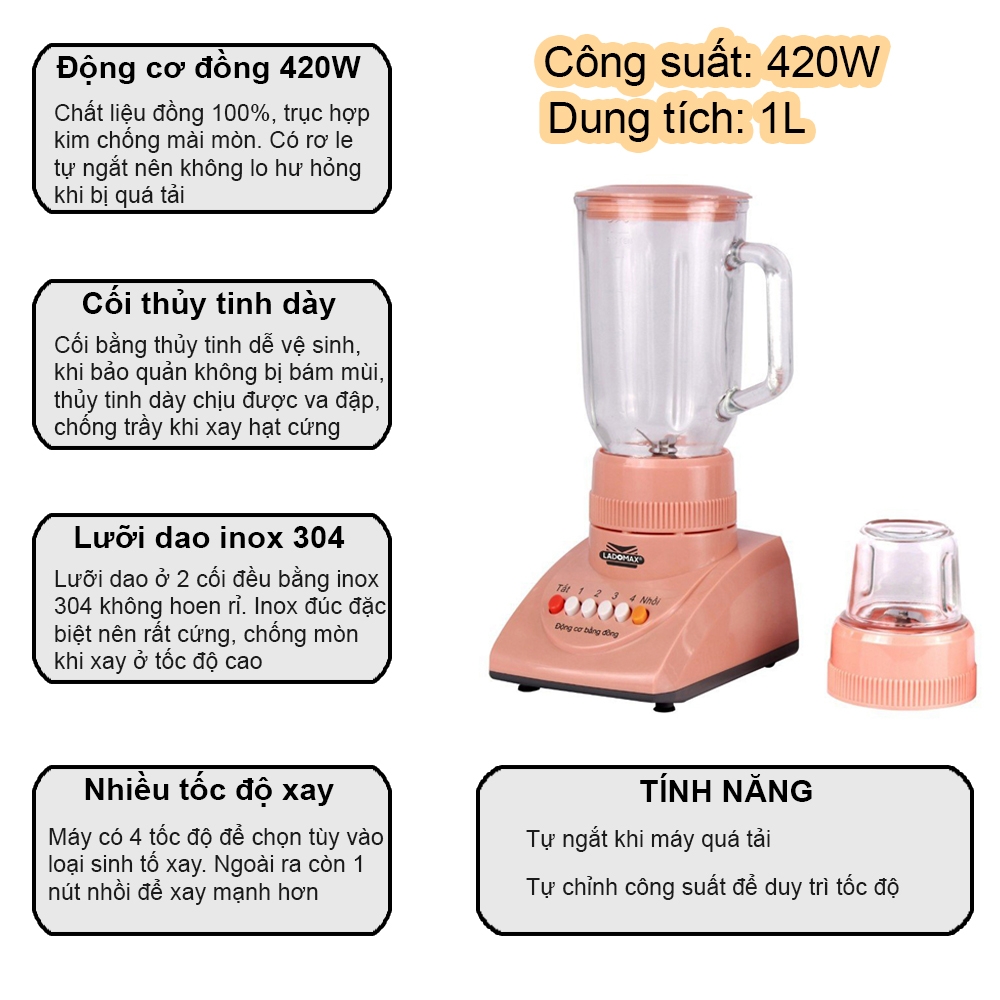 Máy xay sinh tố 2 cối thủy tinh Ladomax Ha-9166-2 (1tx8)