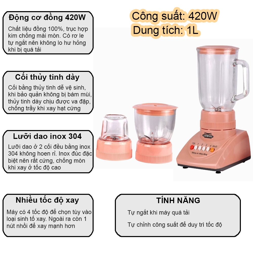 Máy xay sinh tố 3 cối thủy tinh Ladomax Ha-9166-3 (1tx6)