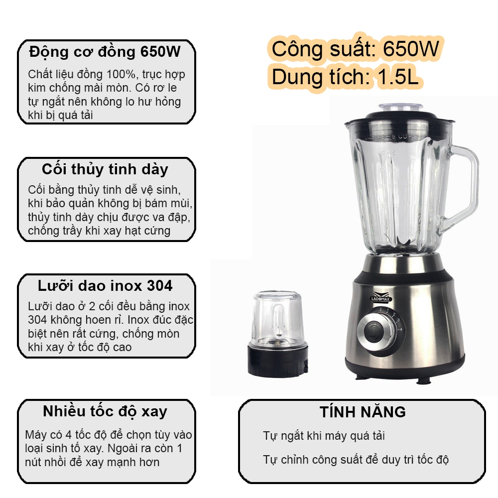 Máy xay sinh tố 2 cối thủy tinh Ladomax Ha-9168-2 (1tx6)