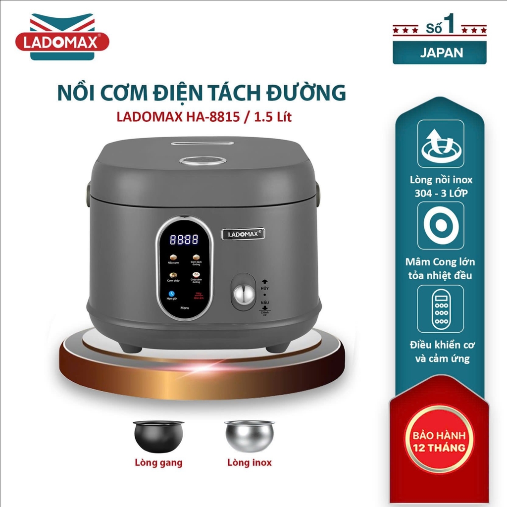 Nồi cơm điện tách đường 1.5L Ladomax Ha-8815, Lòng Inox