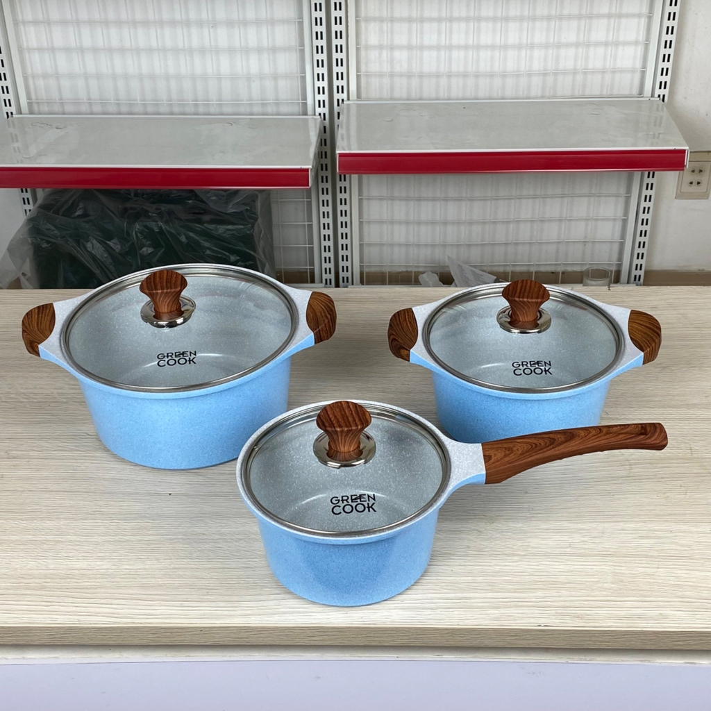 Bộ 3 nồi đúc Greencook men đá xanh Sapphire GCS09-T1 size 18/20/24cm