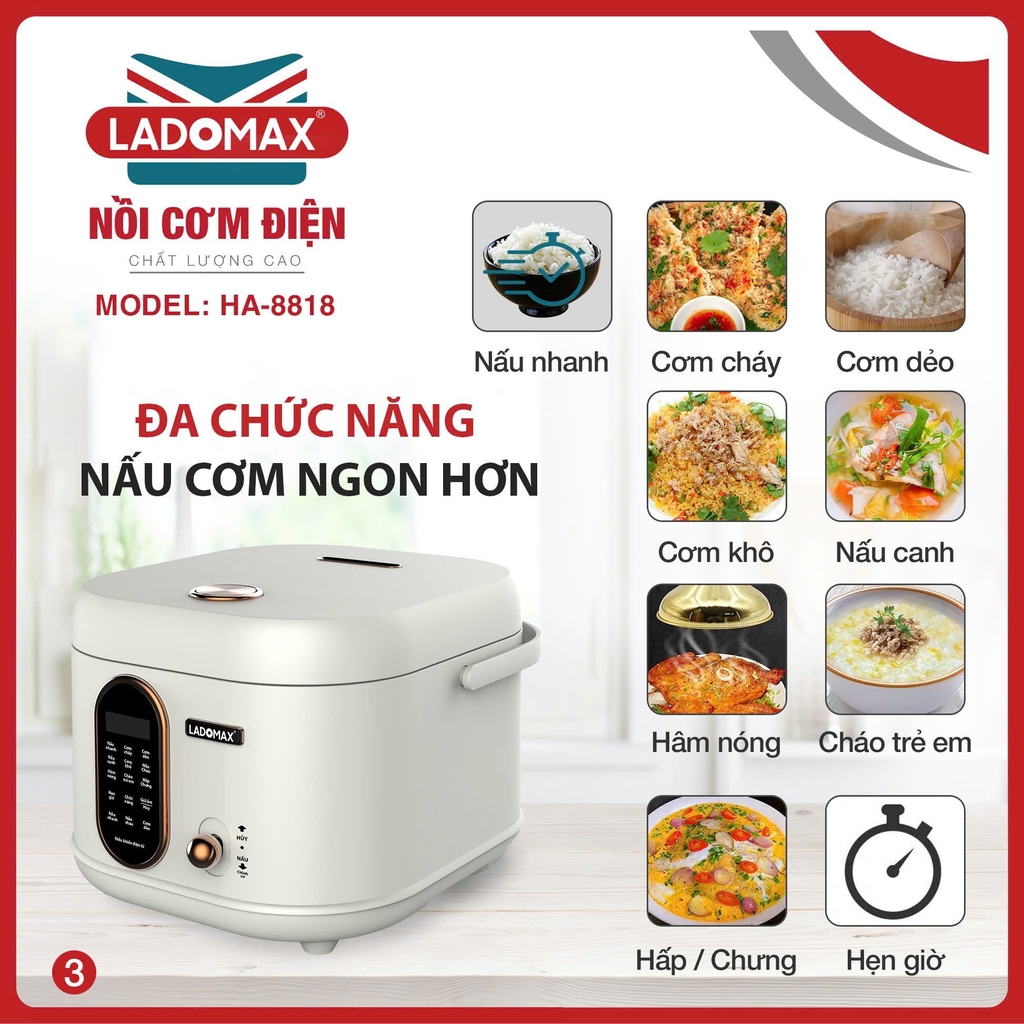 Nồi cơm điện tử 1.8L Ladomax Ha-8818 lòng nhôm, chống dính (1tx4)
