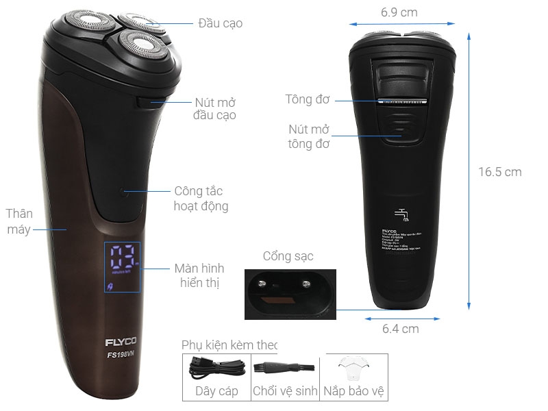 Máy cạo râu 3 lưỡi kép chống thấm nước Flyco FS198VN