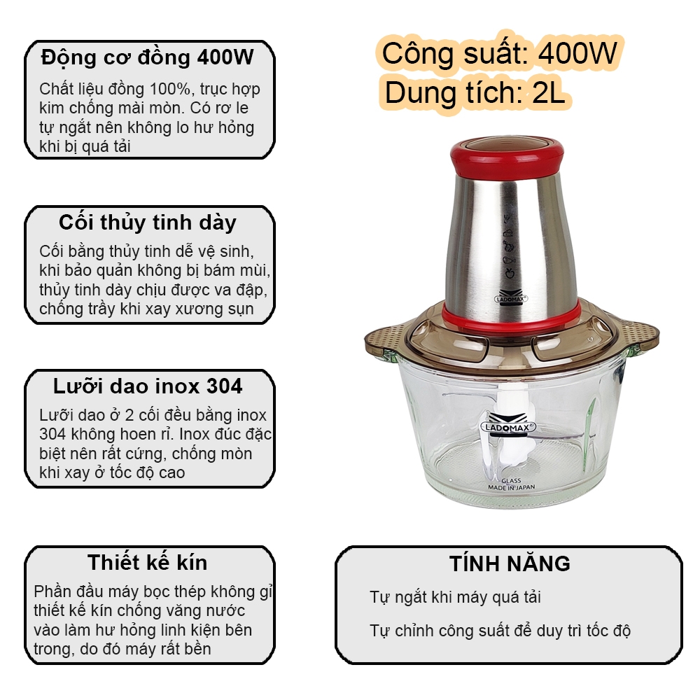 Máy xay thịt cối thủy tinh 2.0L Ladomax Ha-333D, 400W, thân nhựa, màu đỏ (1tx8)