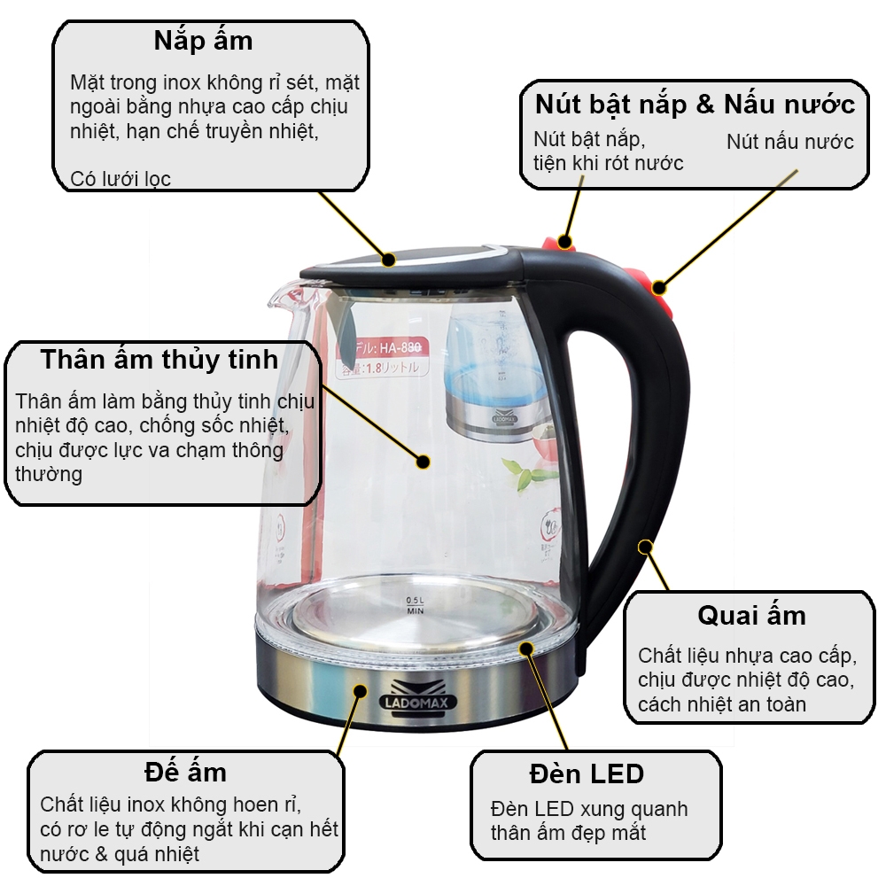 Ấm đun siêu tốc Thủy Tinh 1.8L Ladomax Ha-880 (1tx12)