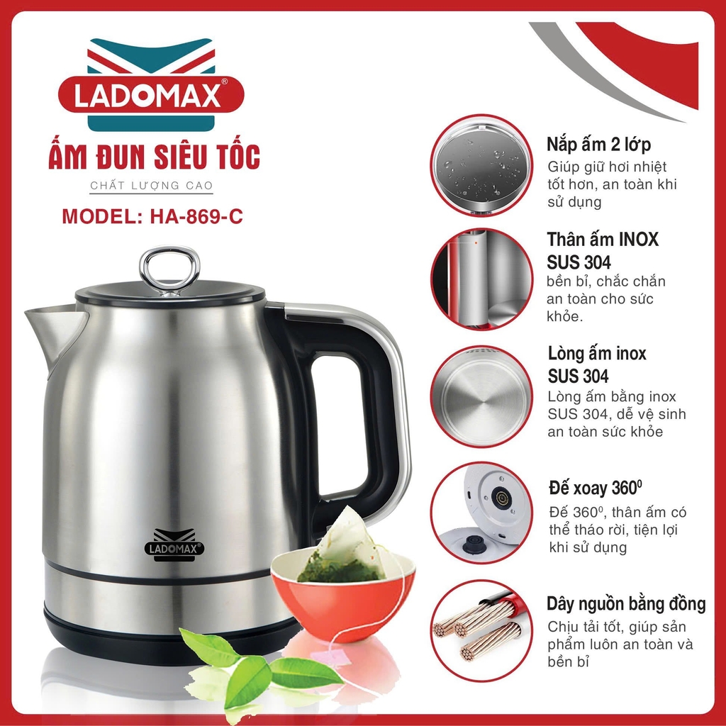 Ấm đun siêu tốc 1.8L inox 304 Ladomax Ha-869C, Cơ (1tx12)
