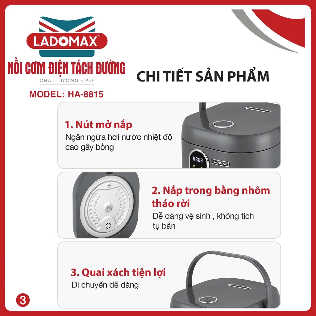 Nồi cơm điện tách đường 1.5L Ladomax Ha-8815, Lòng Inox