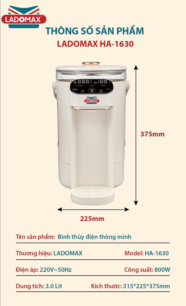 Bình thủy điện, bình đun nước thông minh Ladomax Ha-1630 (1tx4)