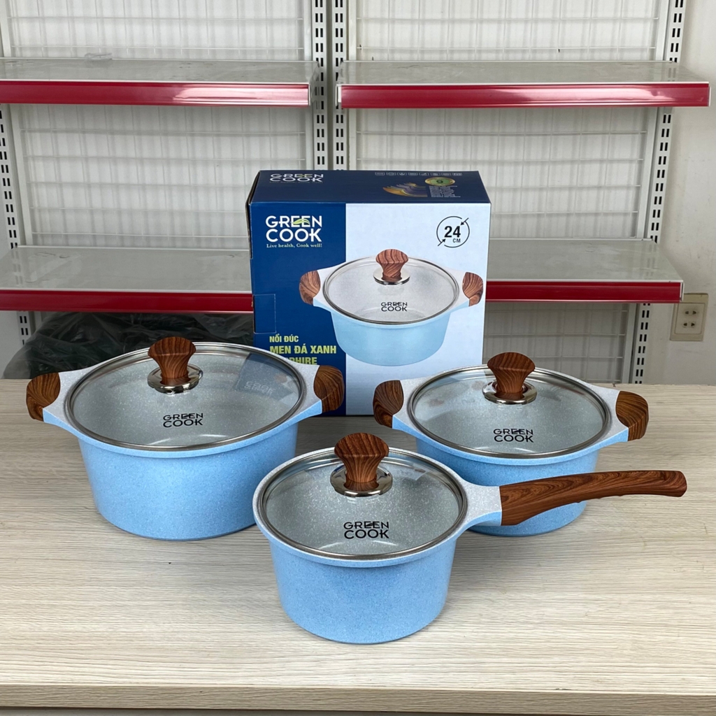 Bộ 3 nồi đúc Greencook men đá xanh Sapphire GCS09-T1 size 18/20/24cm