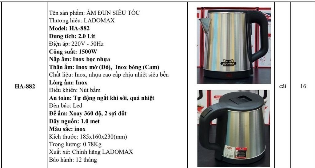 Siêu tốc Inox 2.0L Ladomax Ha-882 (1tx16)